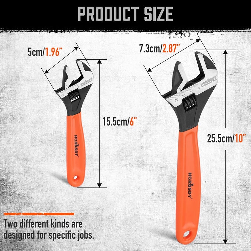 HORUSDY Adjustable Wrench Set | 2-Piece | 6-Inch and 10-Inch Wrenches | Metric & SAE Scales | Cushion Grip Wrench | Cr-V Steel - Image 4